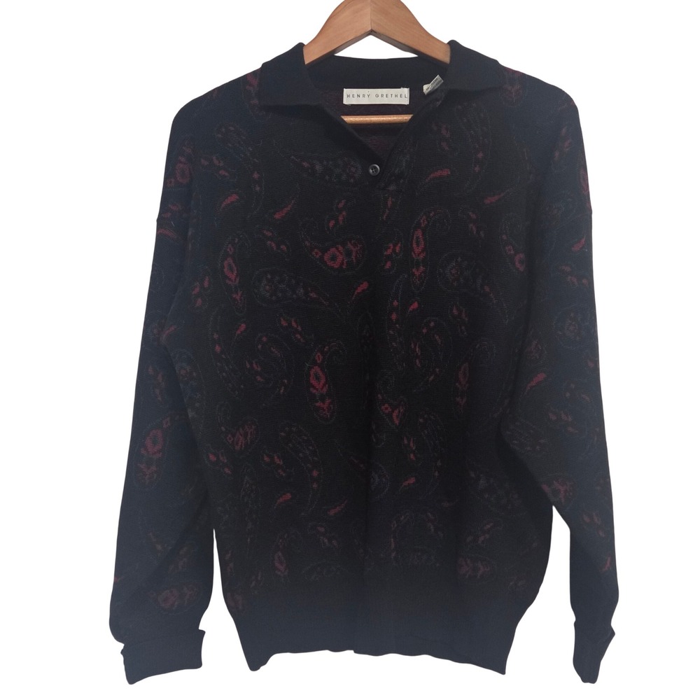 Henry Grethel Mens Vintage 100% Wool Paisley Polo Sweater Black Red Size S / M